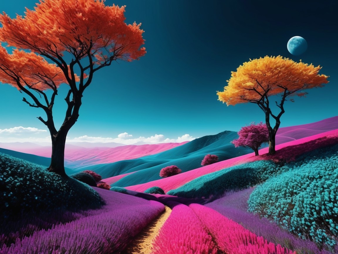 Surreal Landscape with Colorful Hills and Unique Trees