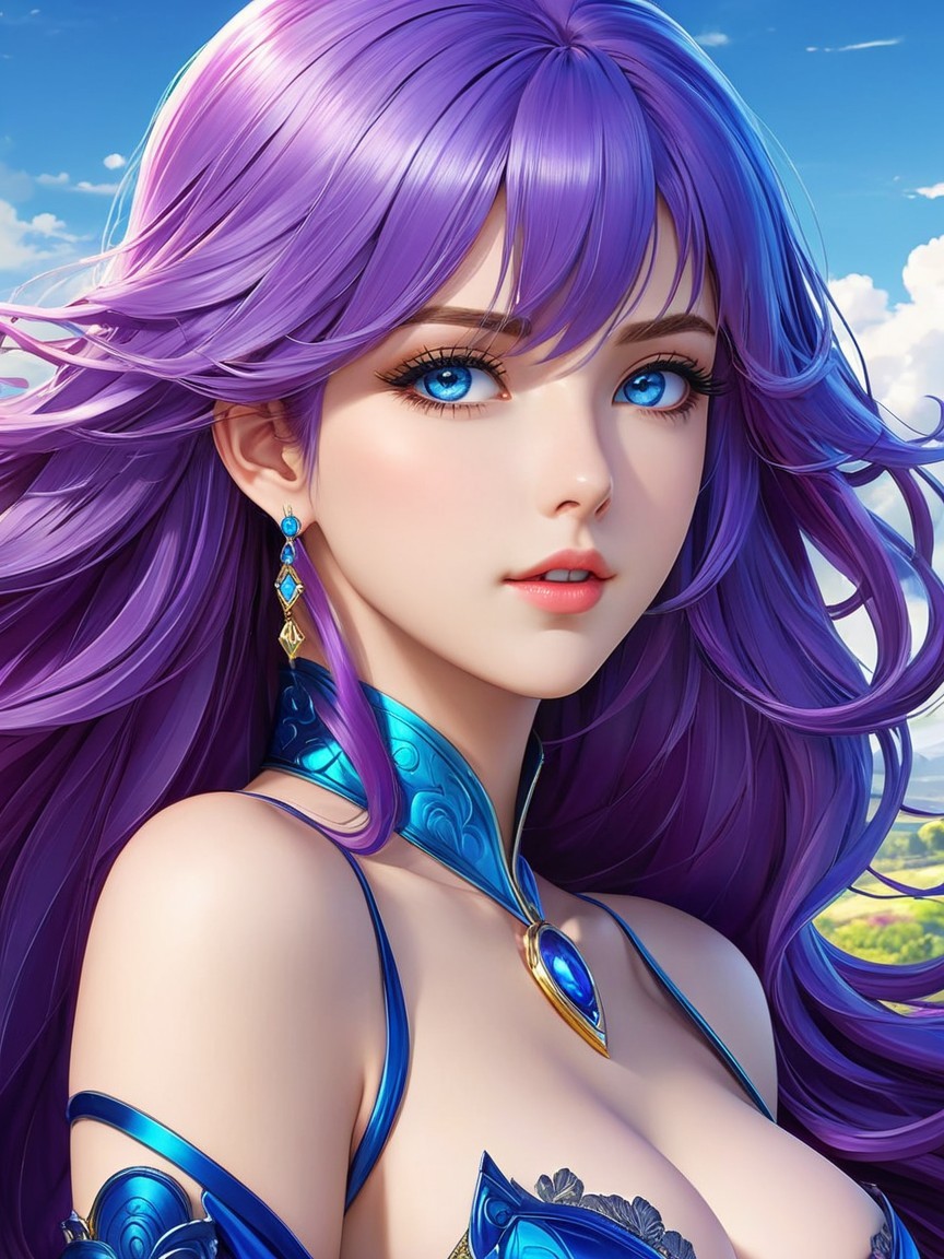 Stunning female character with purple hair and blue eyes