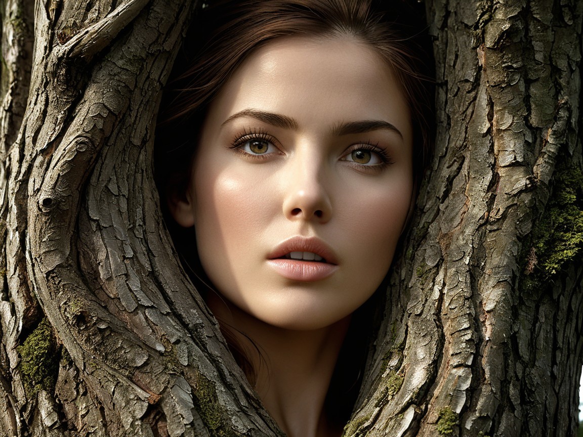Close-up of a young woman with glowing skin and tree bark