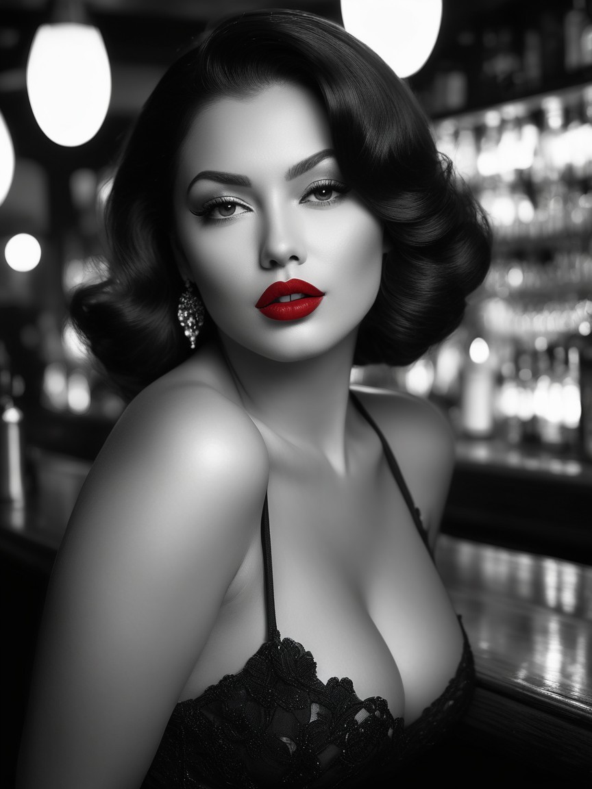 Black-and-white portrait of a glamorous woman