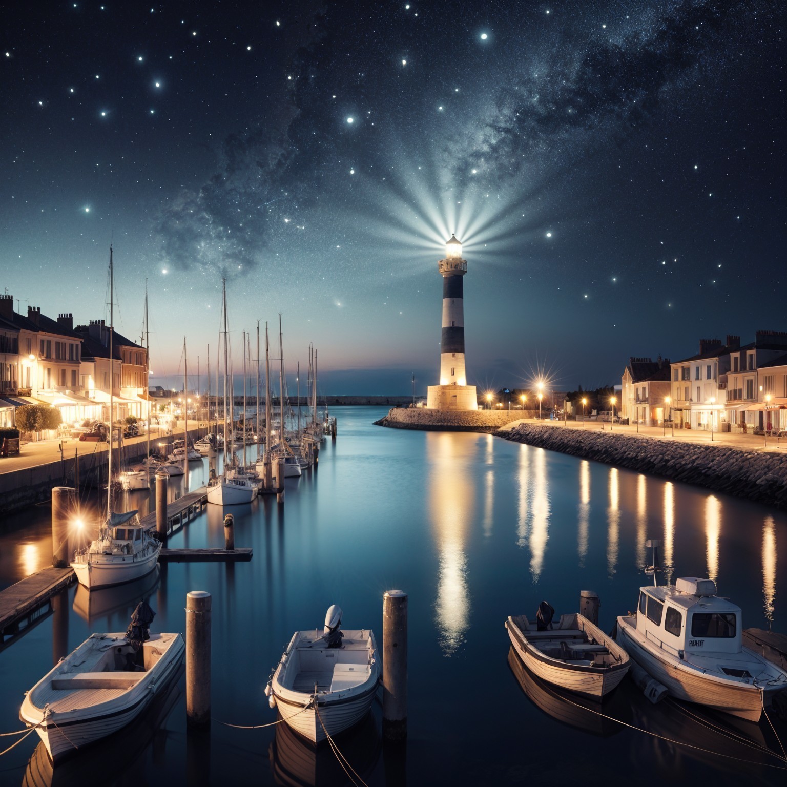 Coastal Harbor Night Scene with Lighthouse and Boats