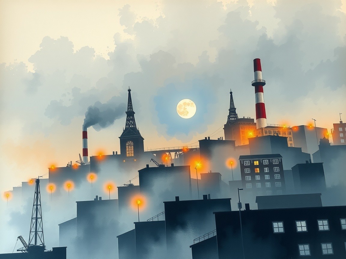 Misty City Skyline with Illuminated Buildings and Moon