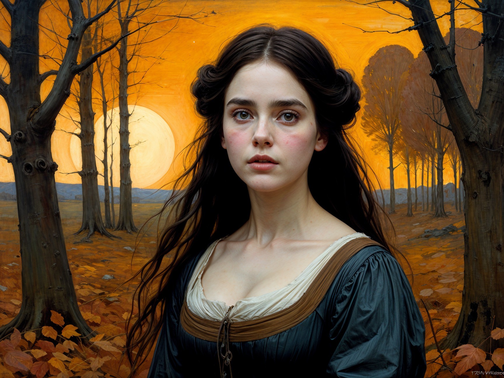 Young Woman in Vintage Dress with Sunset Background