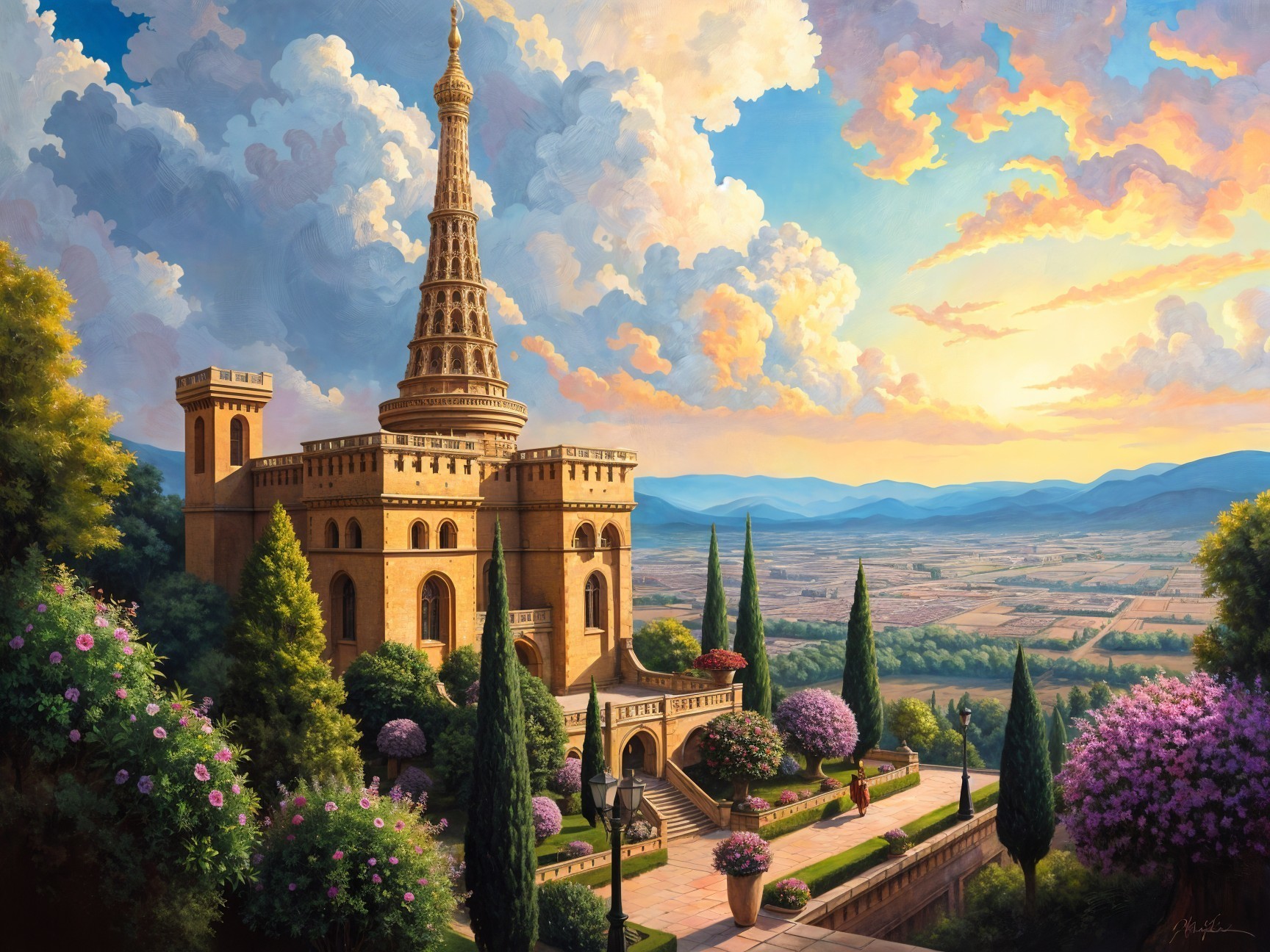 Majestic castle surrounded by lush greenery and sunset