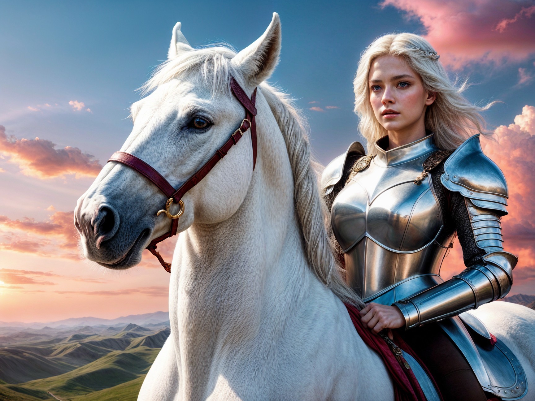 Knight in Silver Armor on White Horse at Sunset