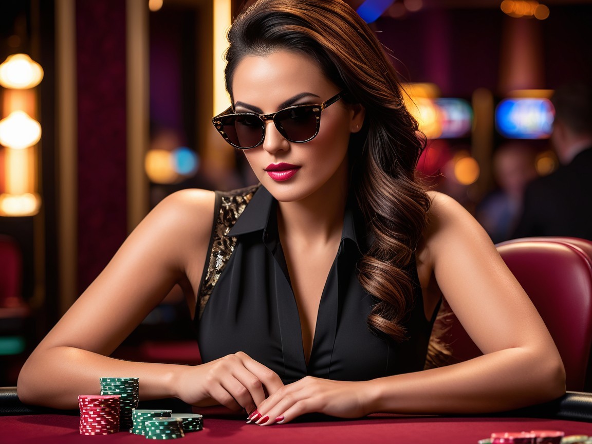 Confident Woman at Poker Table in Vibrant Casino