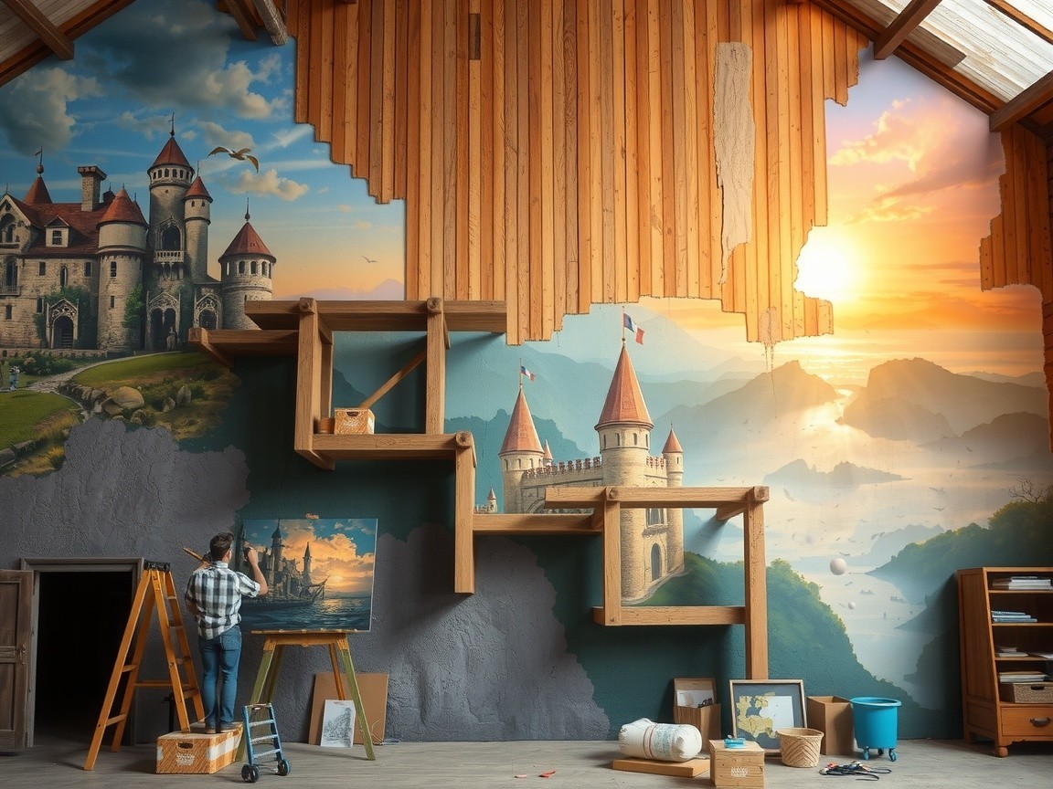 Mural of a Castle and Landscape in a Spacious Room