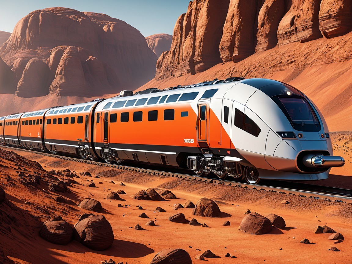 Futuristic Train in Desert Landscape with Red Rocks