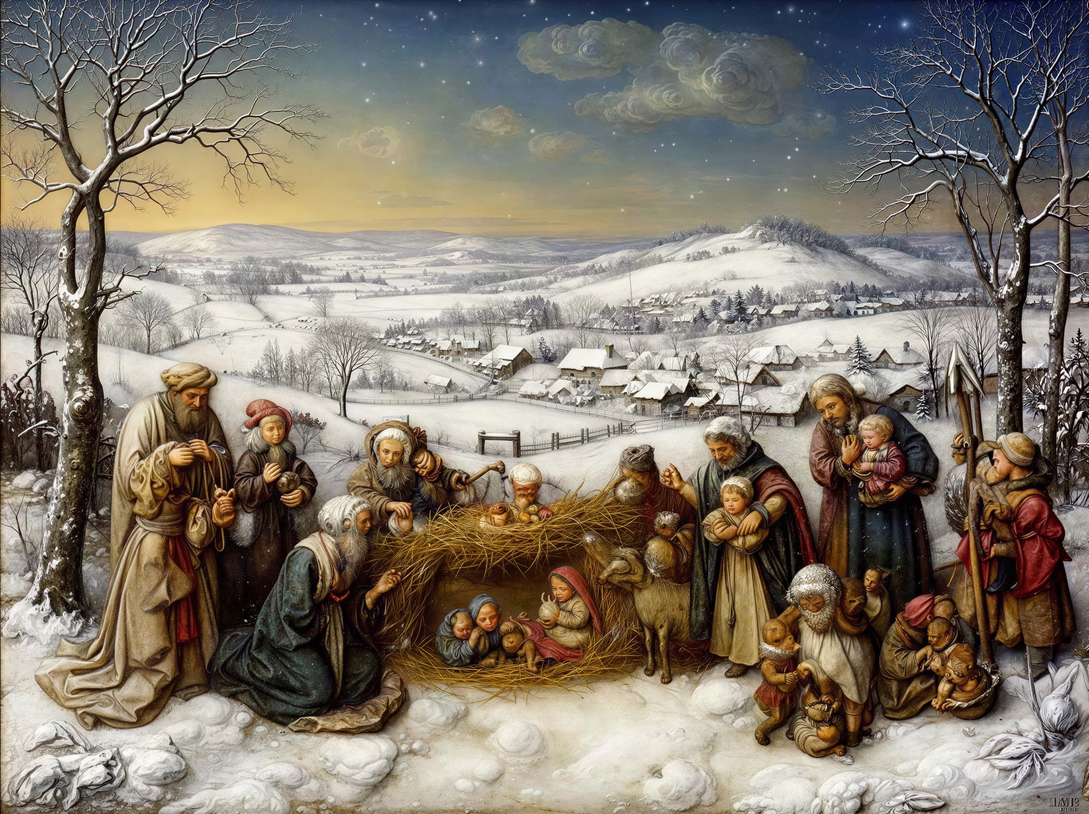 Nativity Scene Oil Painting in Snowy Landscape