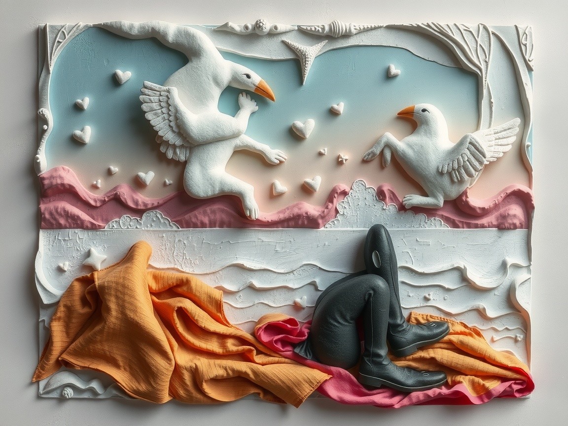 Three-Dimensional Scene with Swans and Ocean Elements