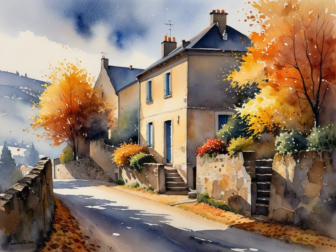 Autumn Landscape with Yellow House and Colorful Trees