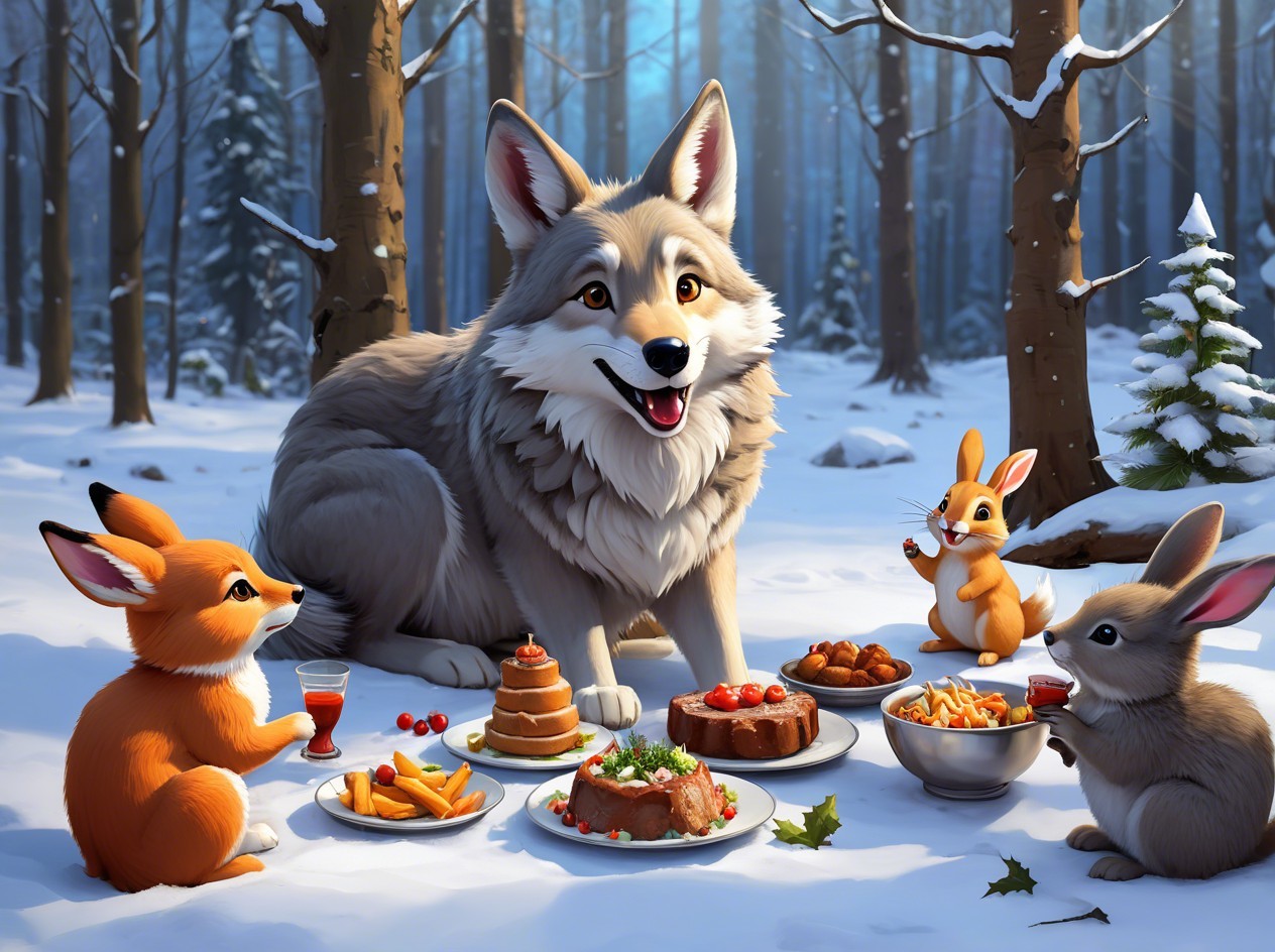 Cheerful Wolf in Snowy Forest with Feast Displayed