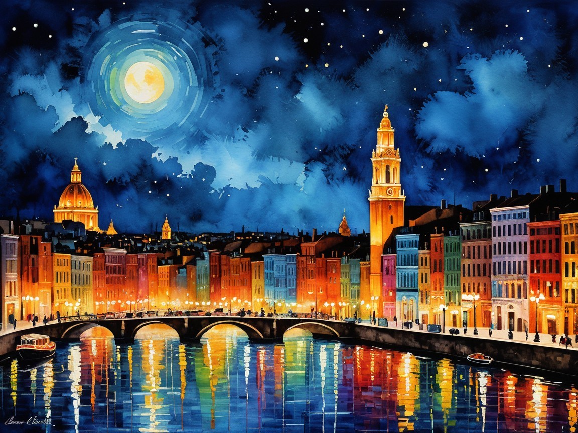 Watercolor Cityscape at Night by a River