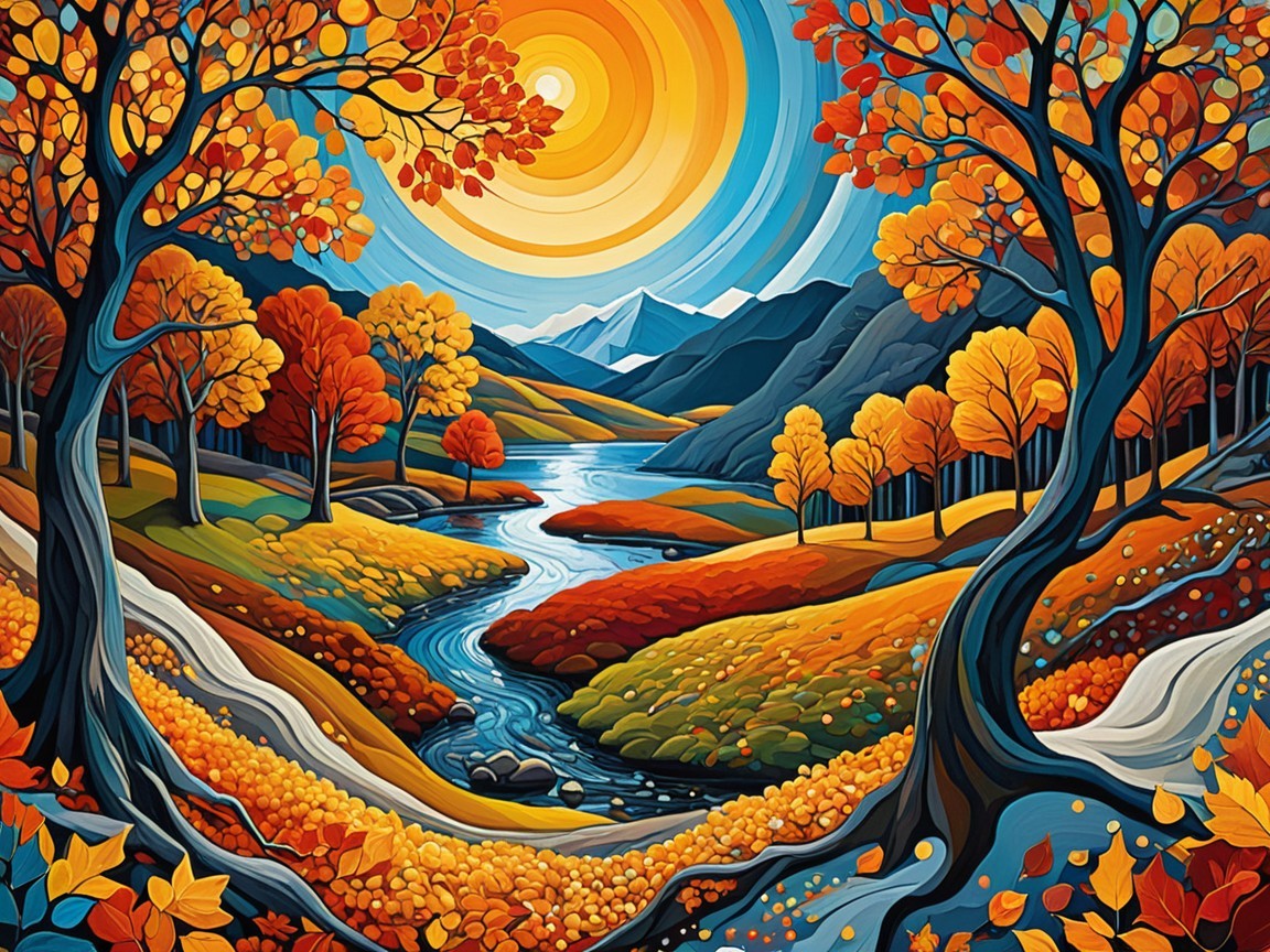 Vibrant Autumn Landscape with Rolling Hills and River