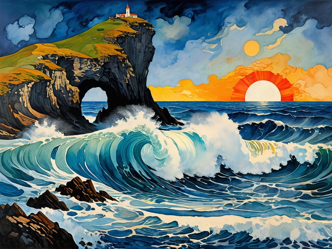 Vibrant Seascape with Lighthouse and Dramatic Coastline