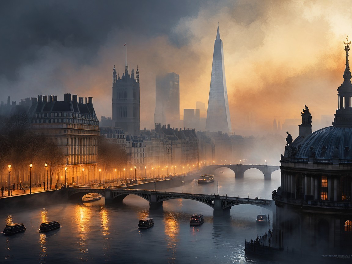 Foggy London Skyline at Dawn with Iconic Landmarks
