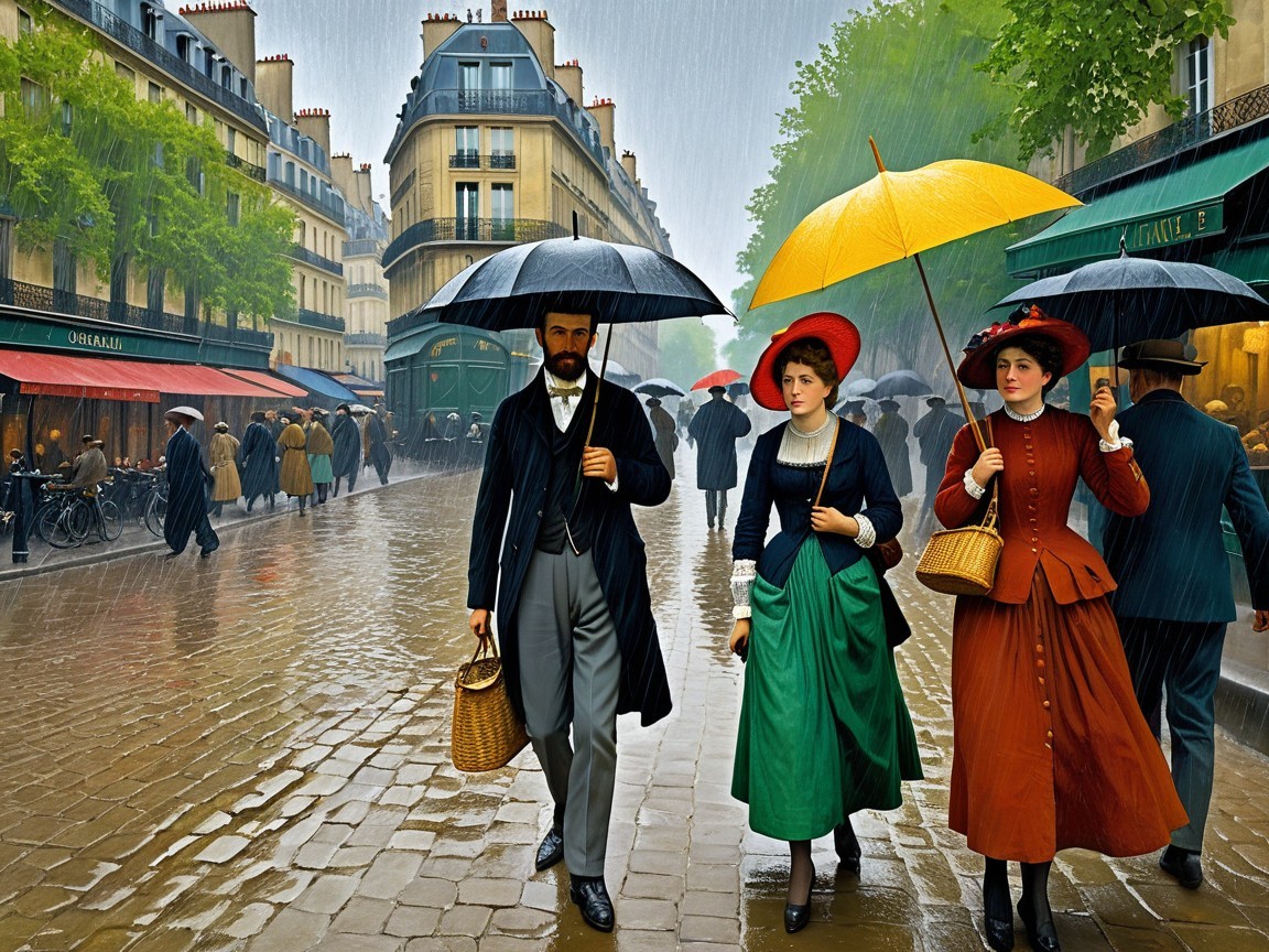 Parisian Street Scene in Rain with Stylish Attire