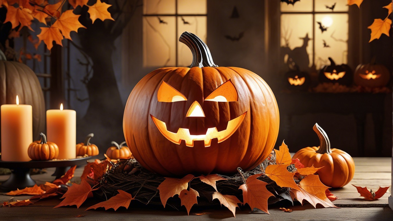 Carved Pumpkin Surrounded by Autumn Leaves and Decor