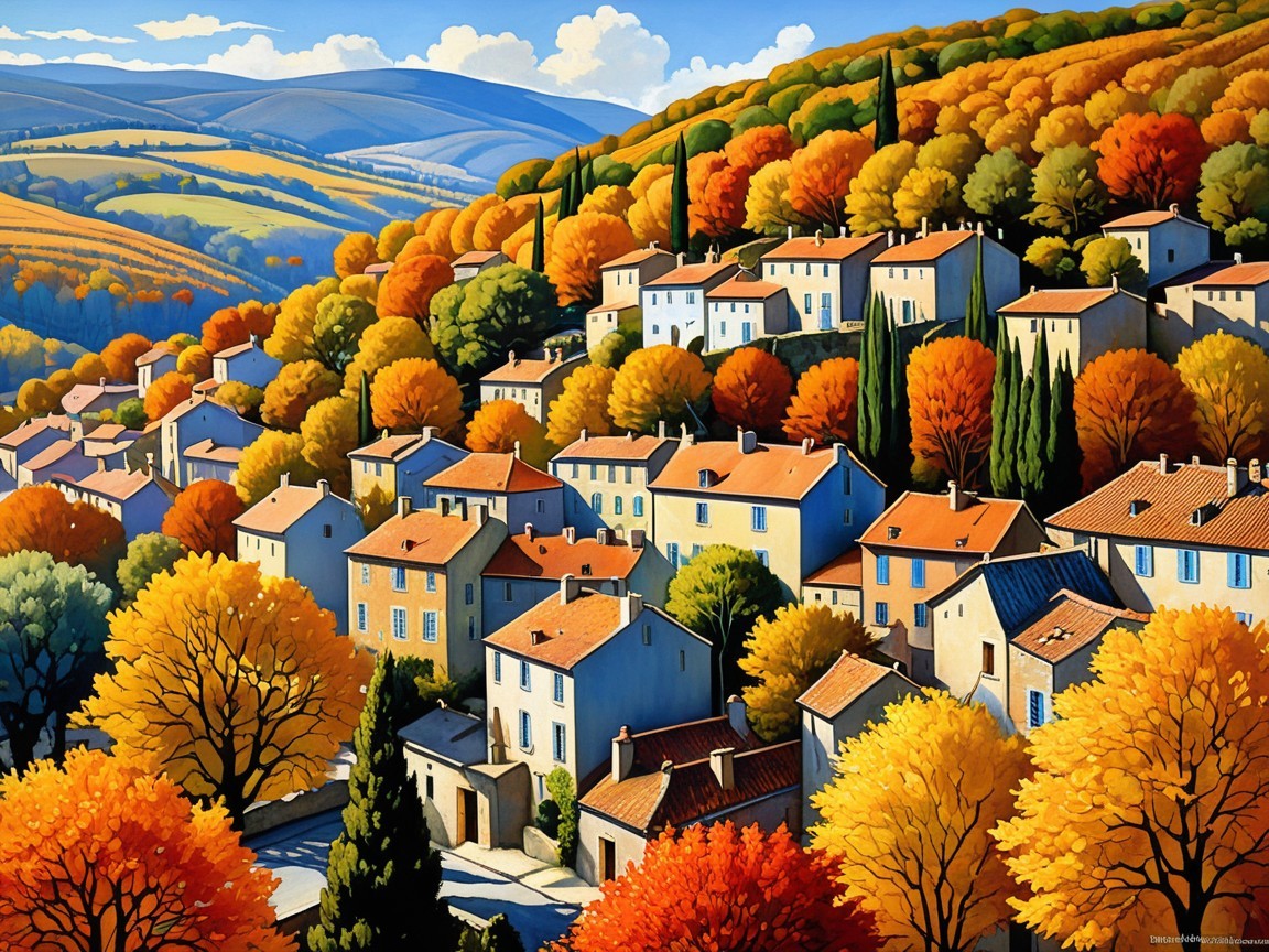 Hillside Village Surrounded by Autumn Foliage