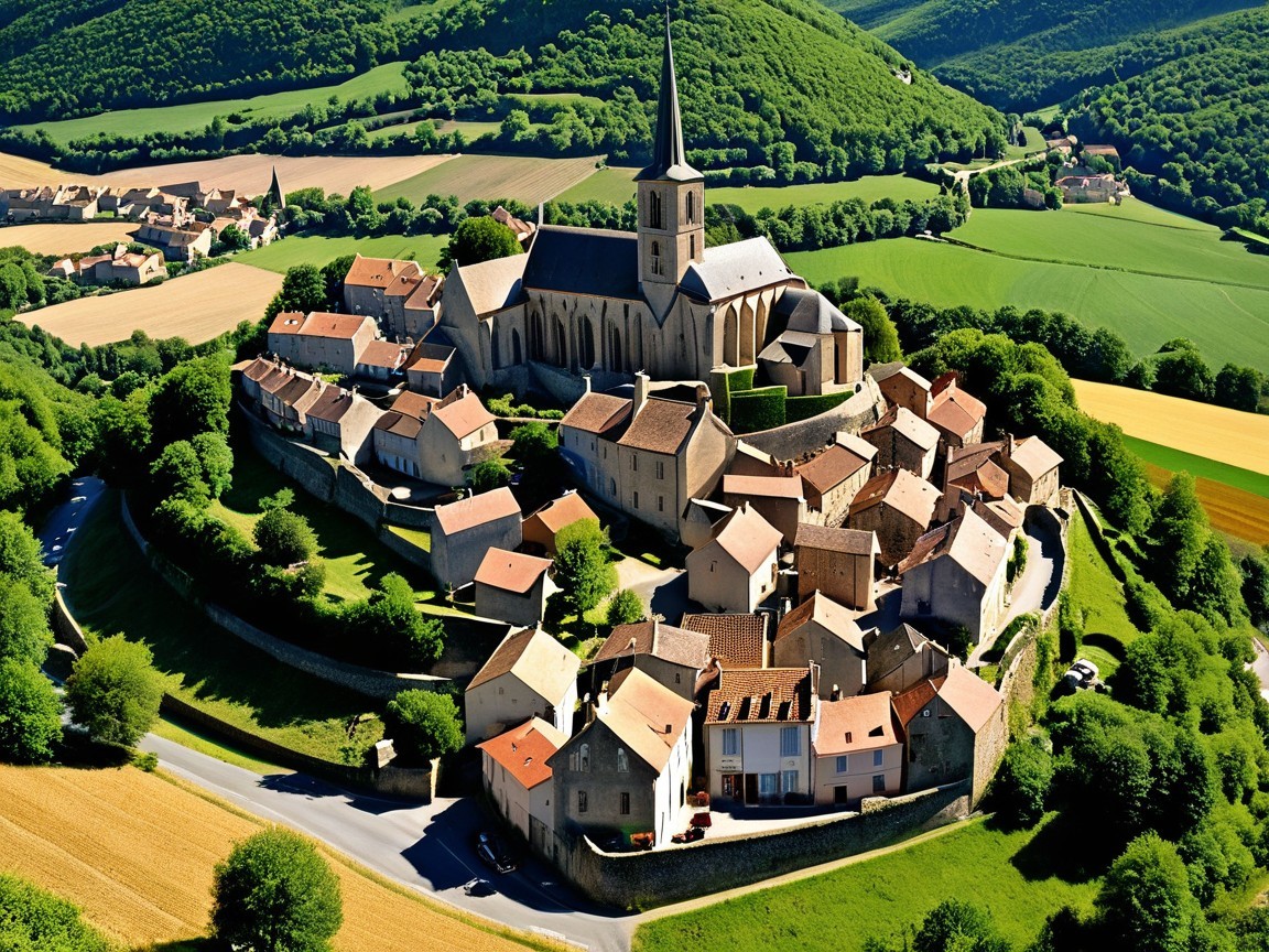 Picturesque village with stone buildings and church spire