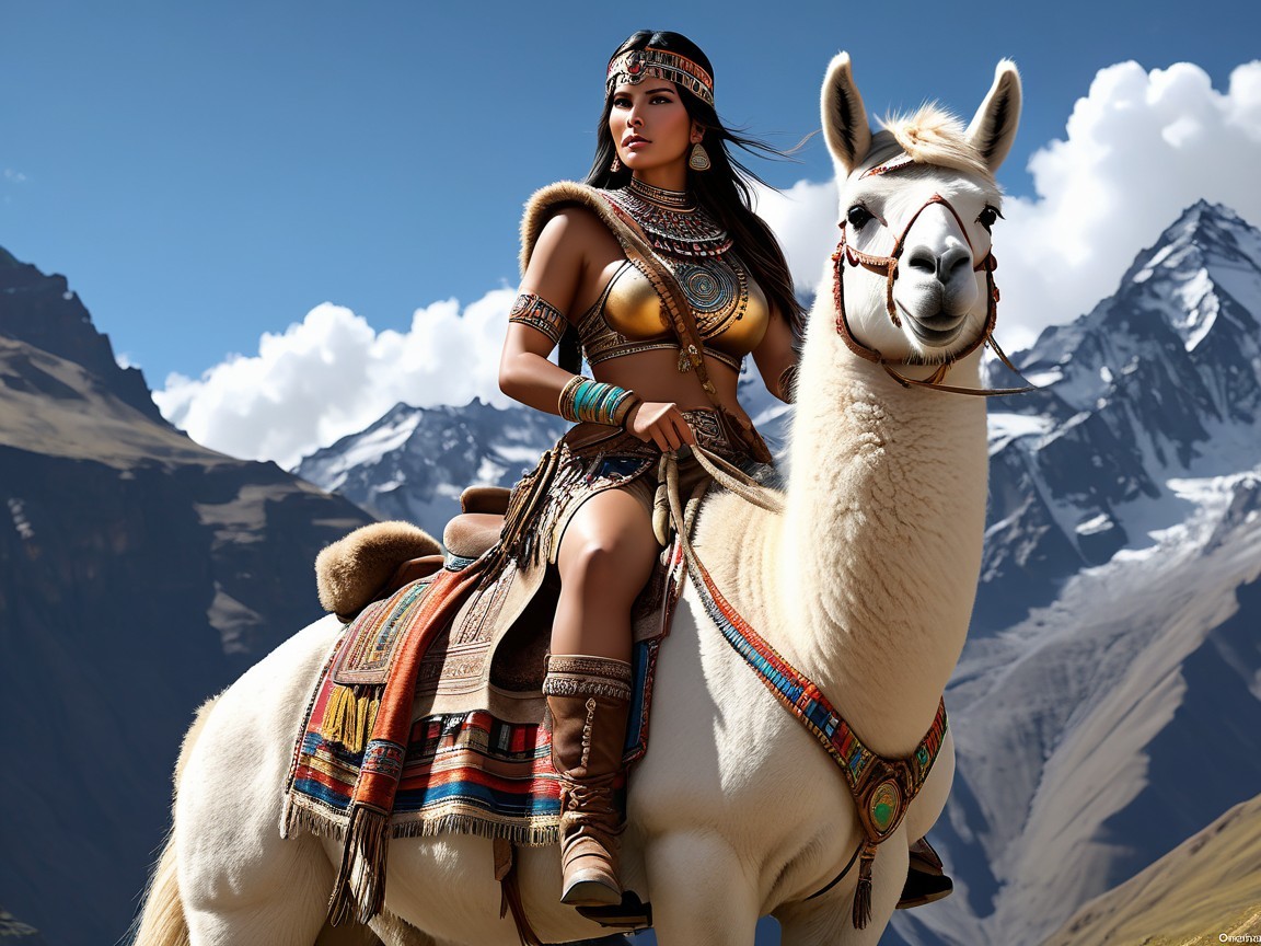 Woman in Incan attire riding a llama in mountains