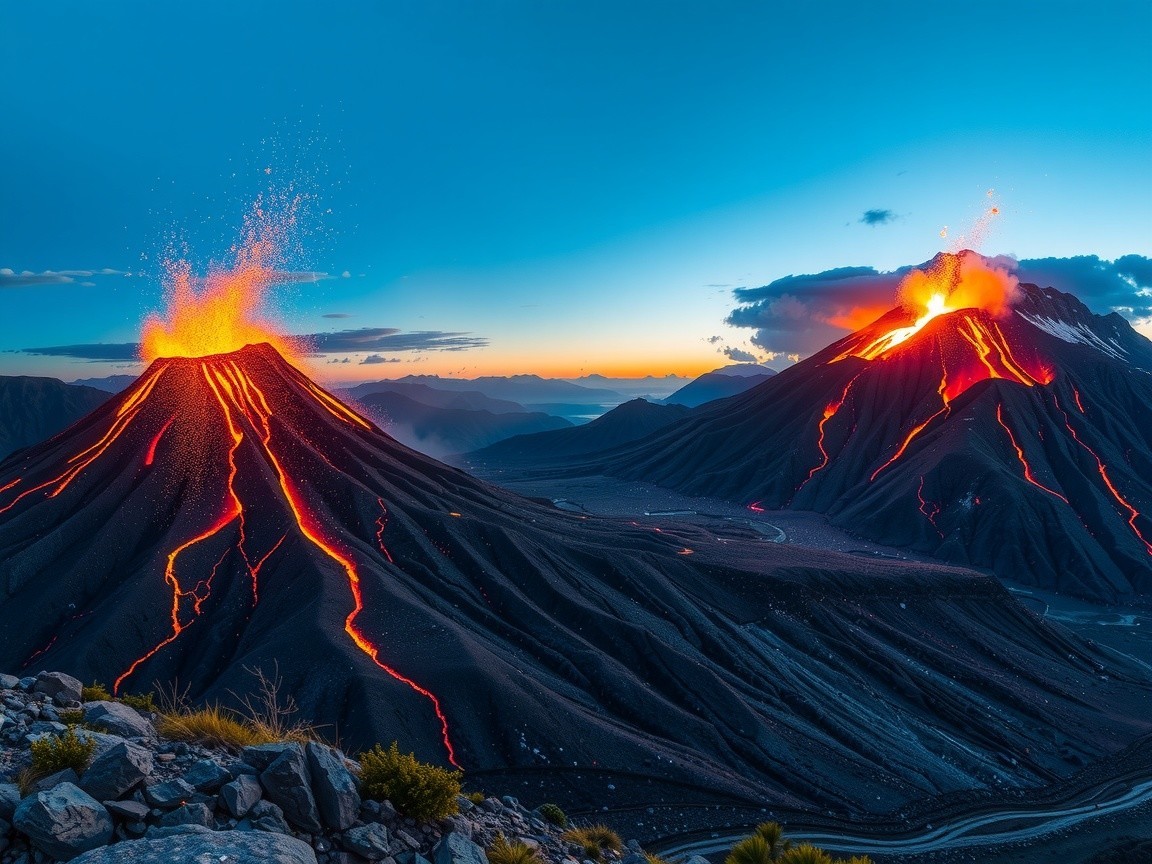Volcanoes Erupting Under Twilight Sky with Lava Flow