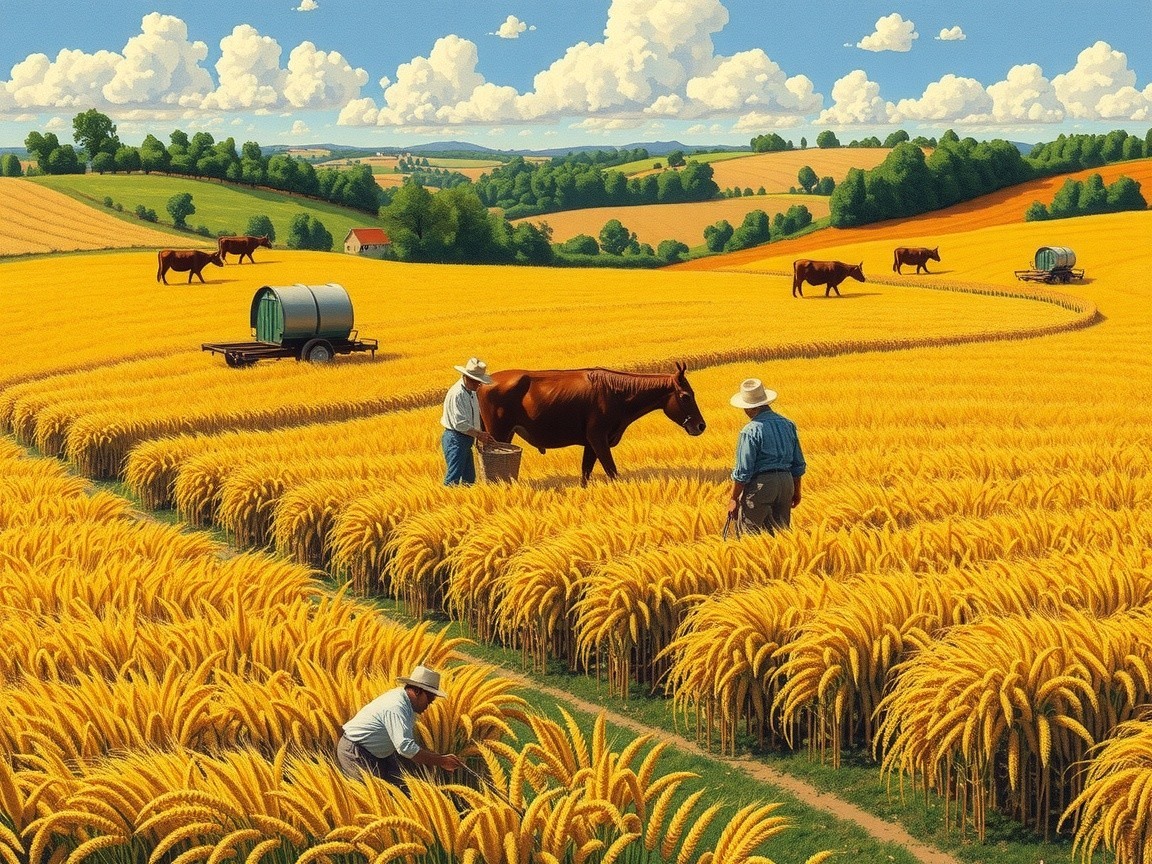 Farmers Tending Wheat Fields in Countryside Scene