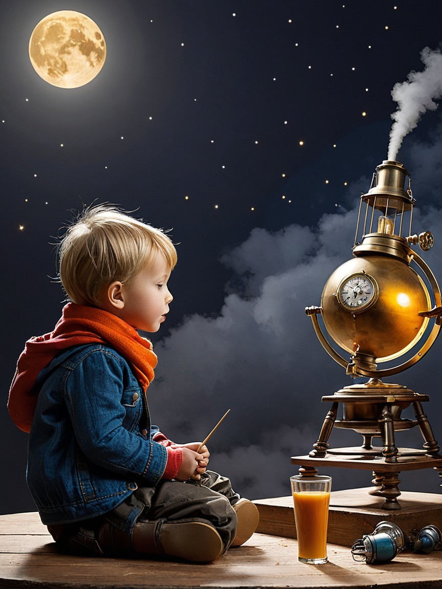 Child Observing Steampunk Device Under Moonlit Sky