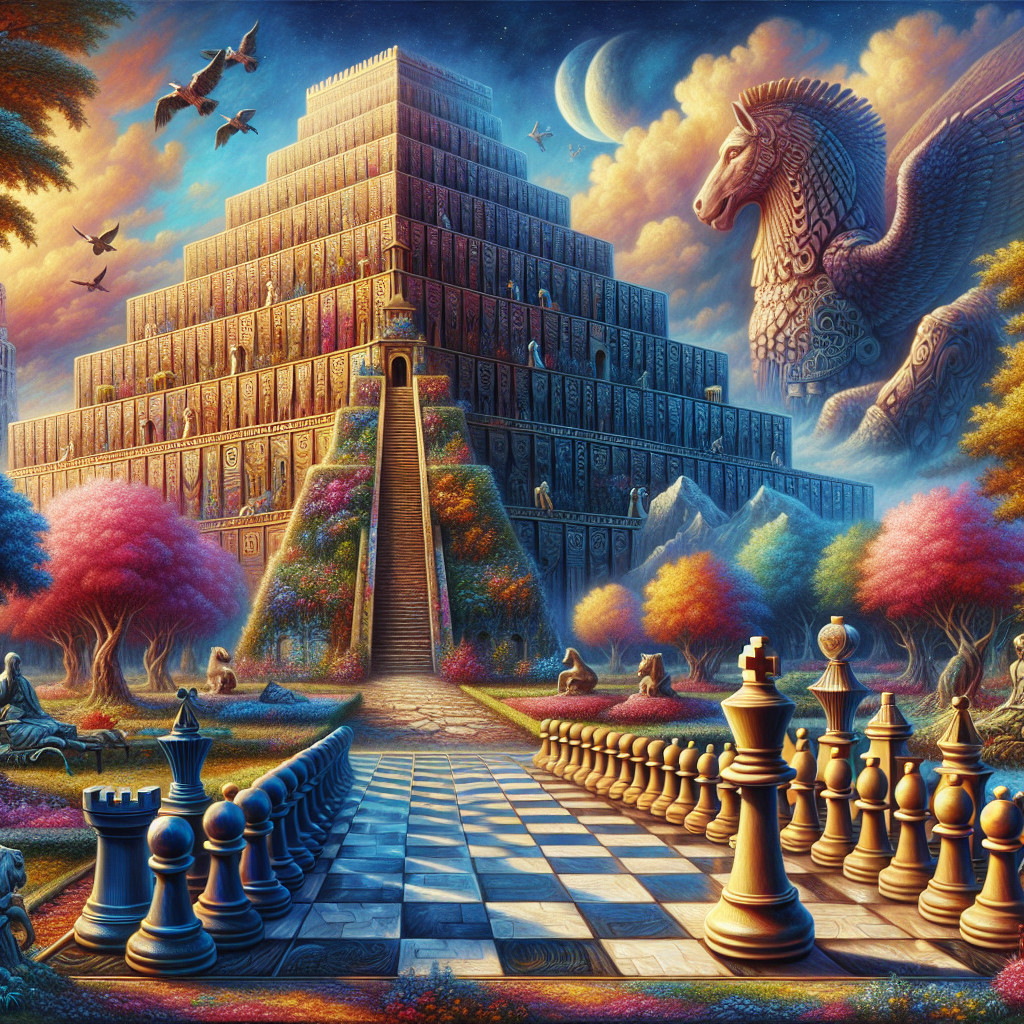 Surreal Landscape with Pyramid and Mythical Creatures