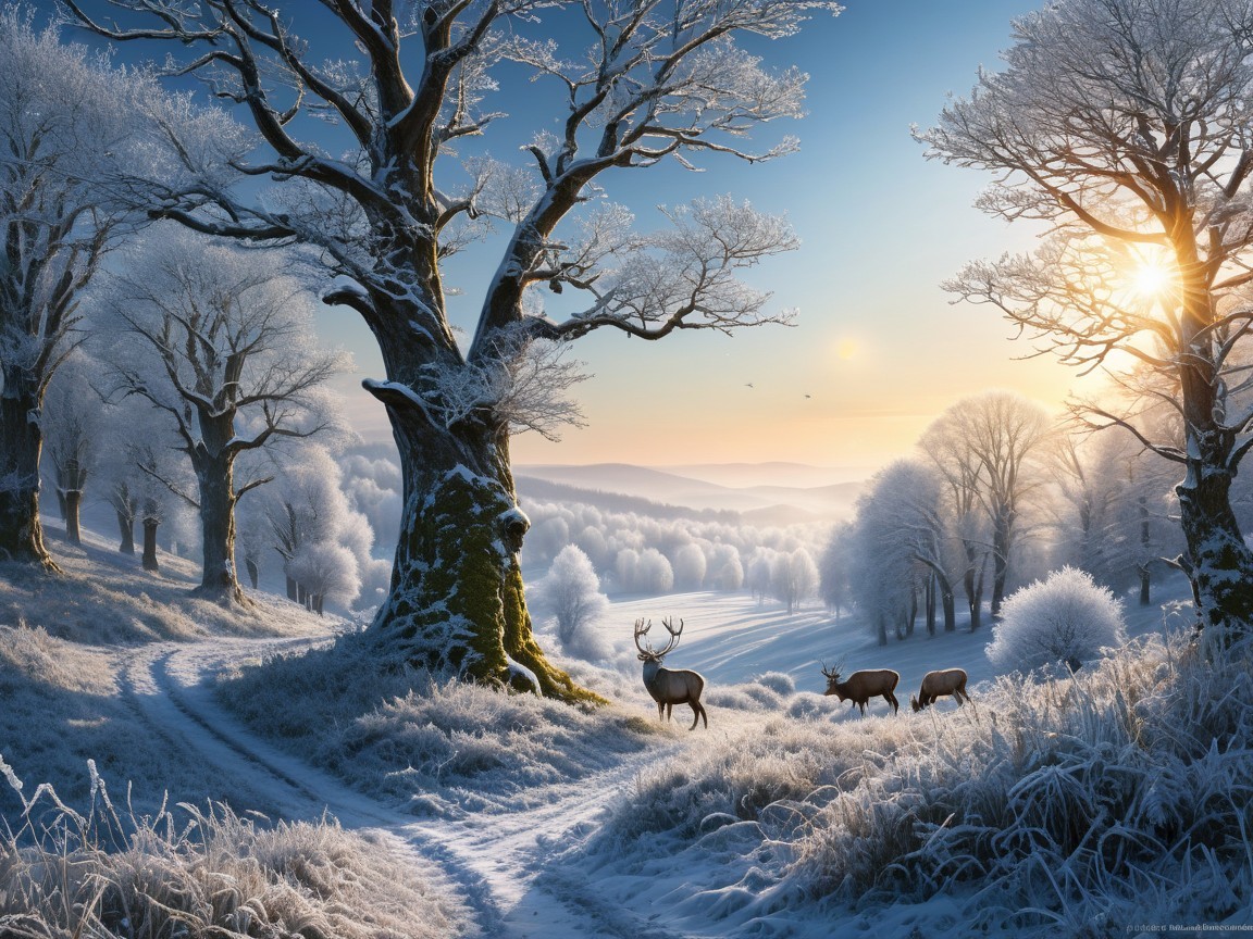 Serene Winter Landscape with Grazing Deer and Frosted Trees