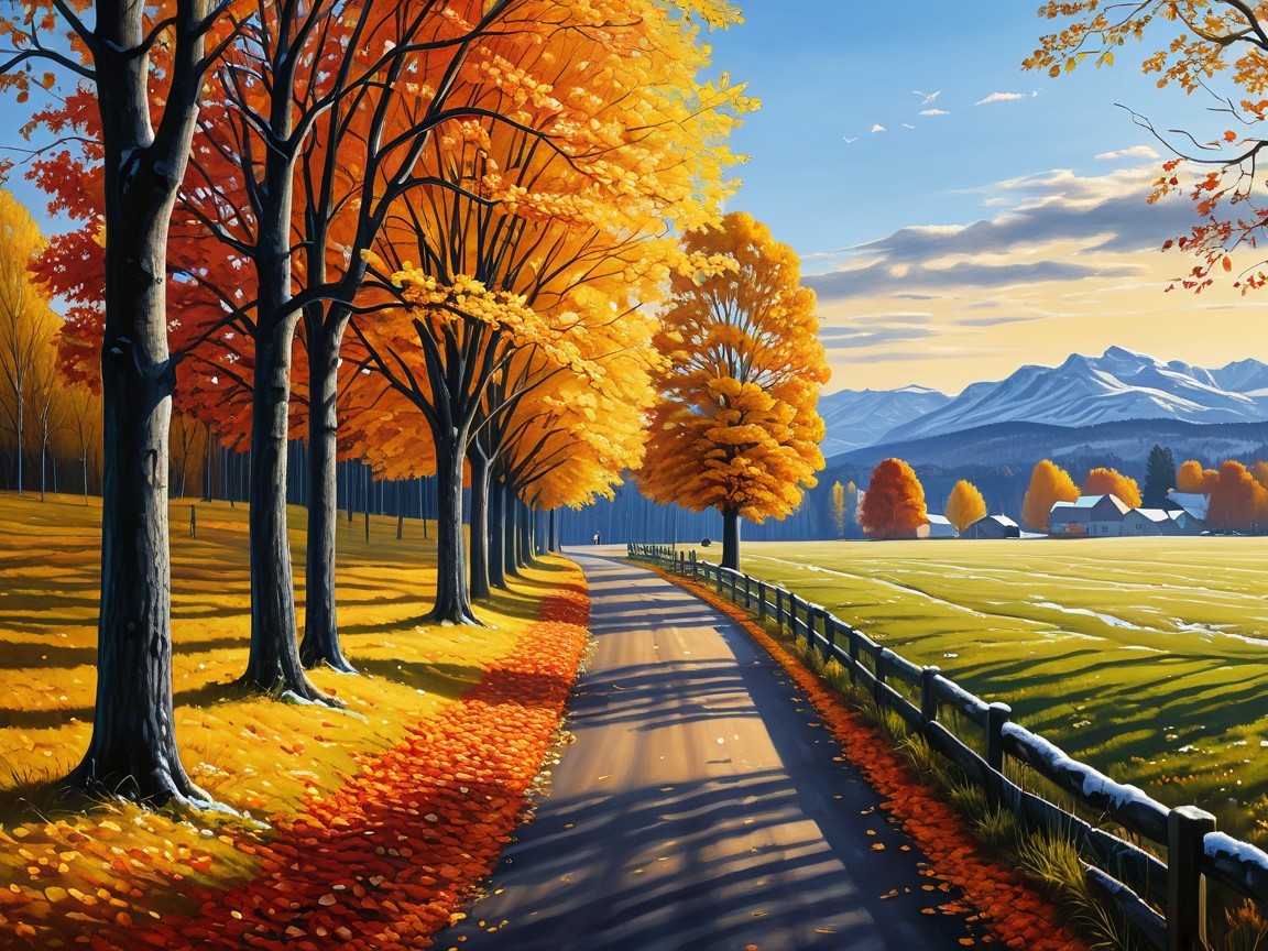 Autumn Landscape with Winding Road and Vibrant Trees