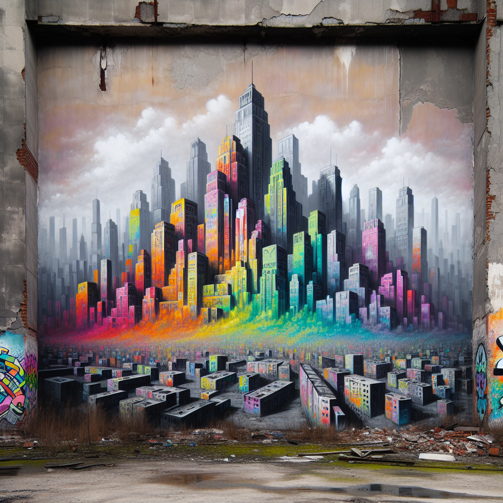 Futuristic City Skyline Mural in Urban Decay