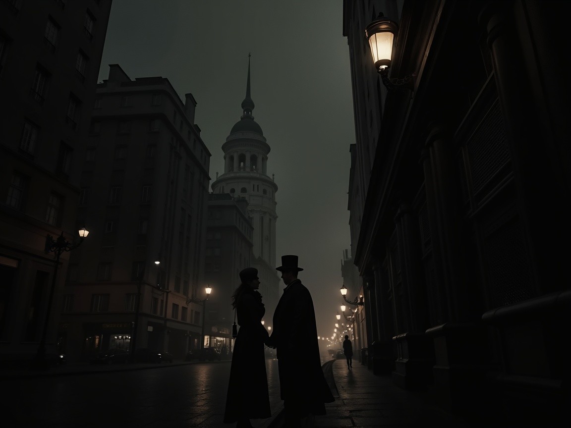 Vintage Couple in Foggy Street with Gas Lamps