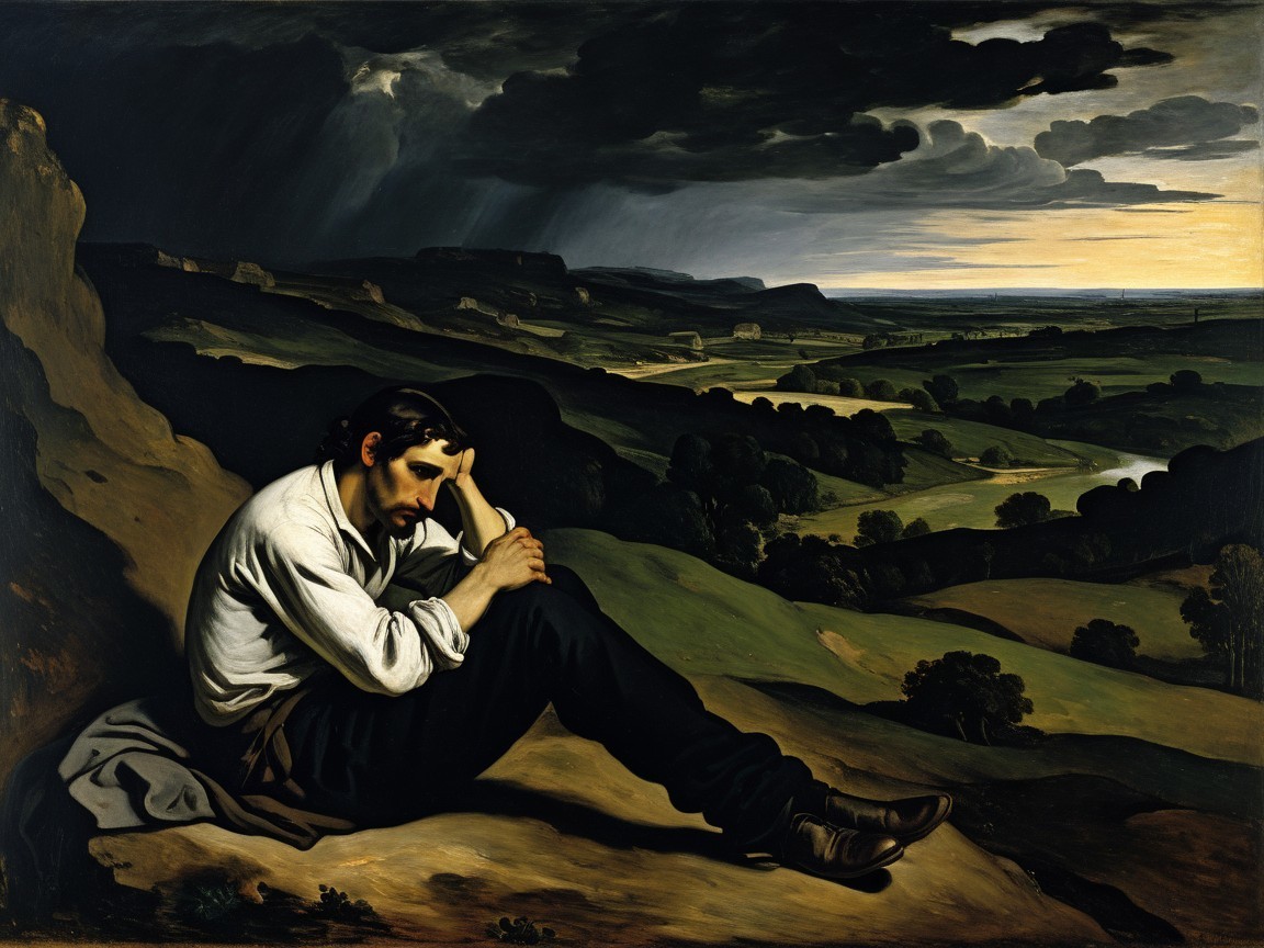 Solitary Figure on Rocky Ledge with Stormy Sky