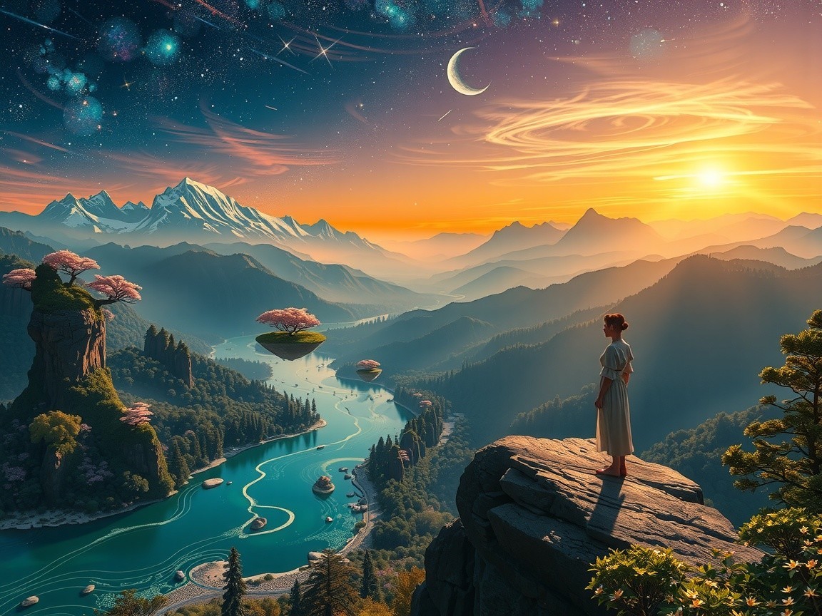 Serene Sunset Landscape with Mountains and River