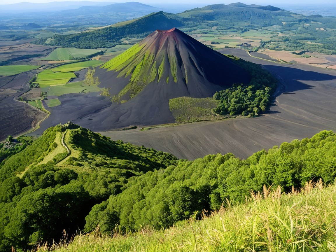 Majestic Volcano Overlooking Green and Brown Fields