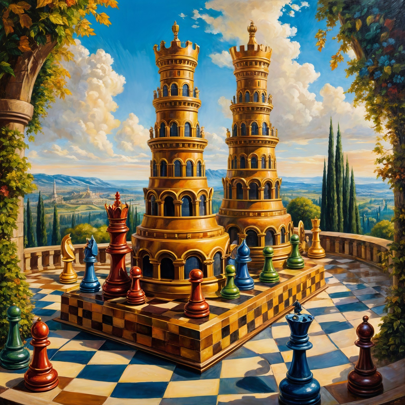 Whimsical Chessboard in a Vibrant Landscape Setting