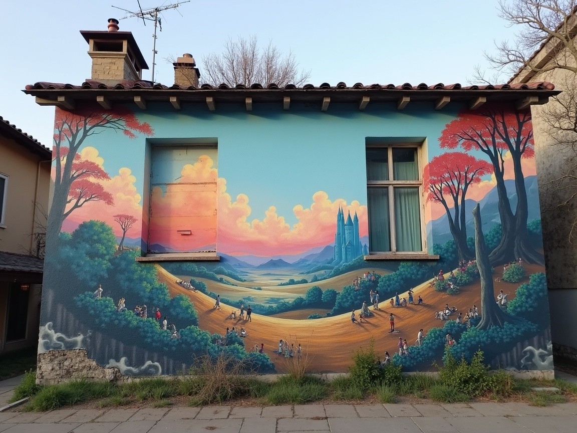 Vibrant Mural of Scenic Landscape and Sunset