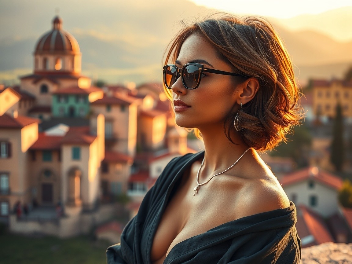 Woman in Sunglasses Against Sunset Town Backdrop