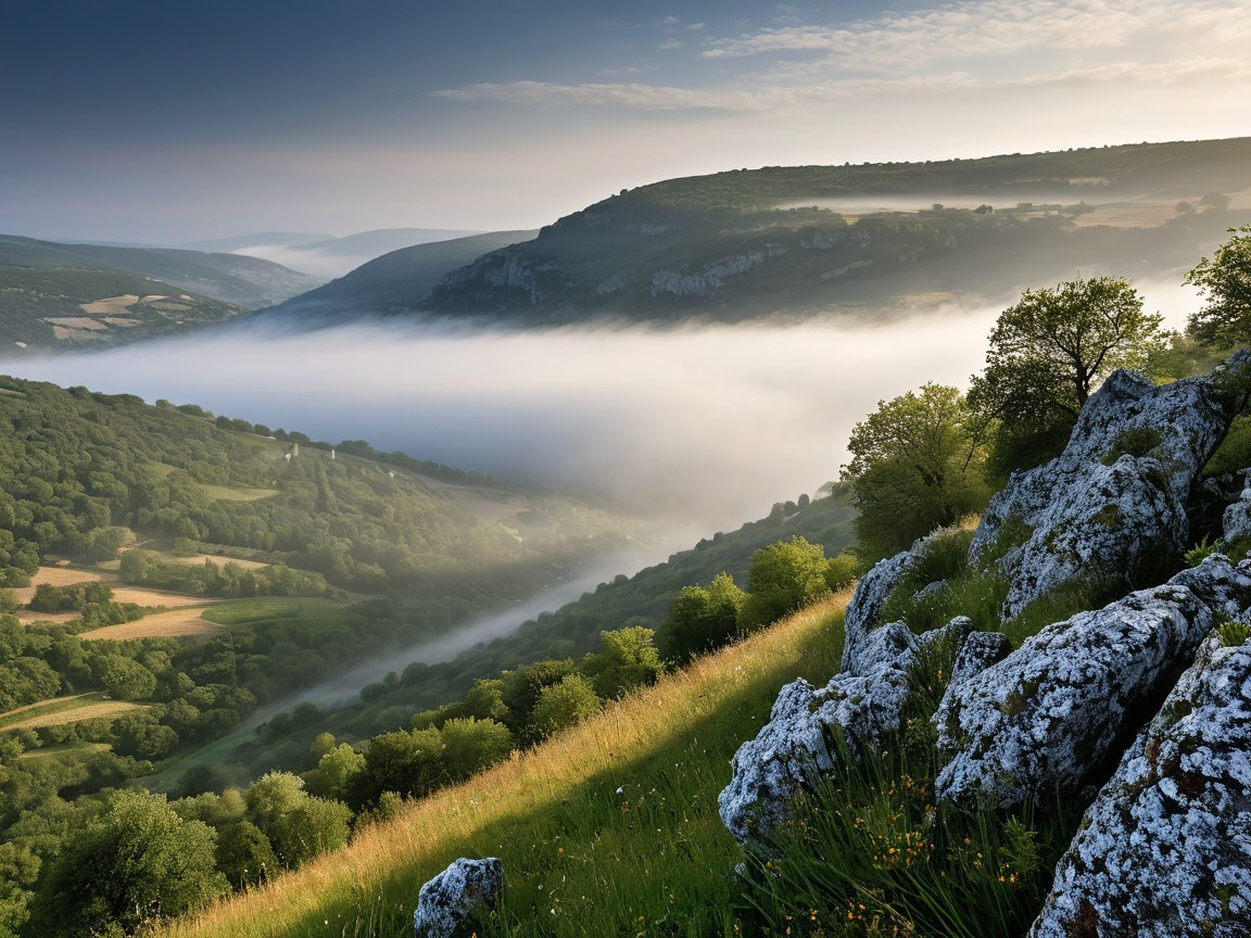 Serene Landscape with Rolling Hills and Mist