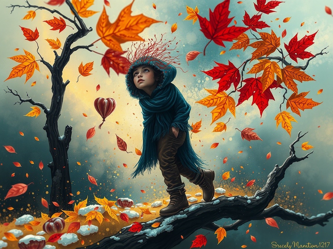 Child on Tree Branch Surrounded by Autumn Leaves