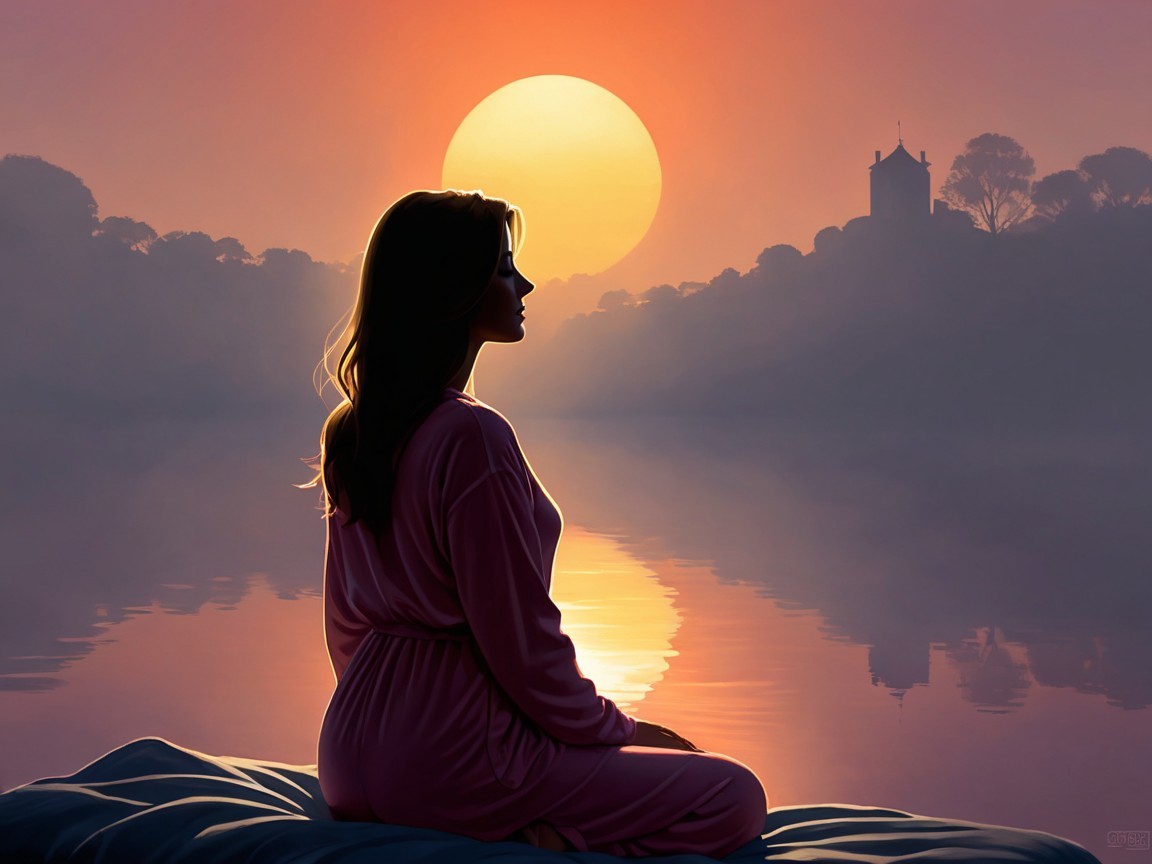 Silhouette of a woman at sunset by calm water
