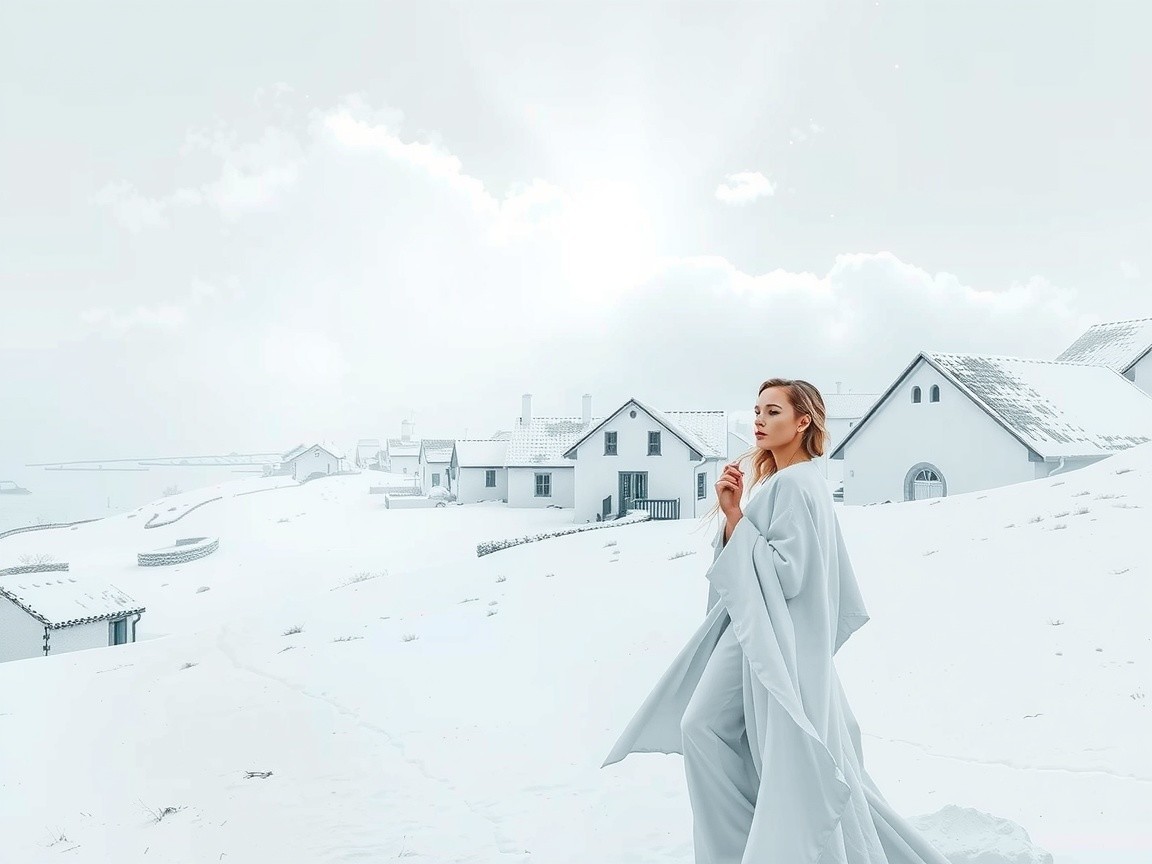 Serene Winter Landscape with Woman in Blue Robe