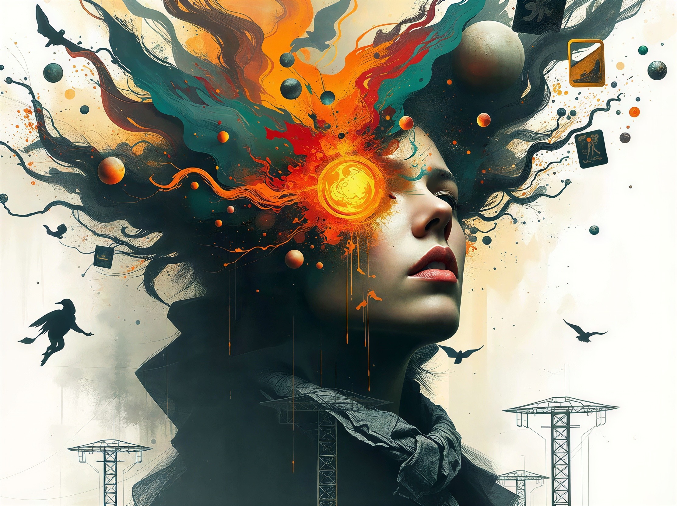 Surreal Digital Painting of a Woman with Colorful Hair