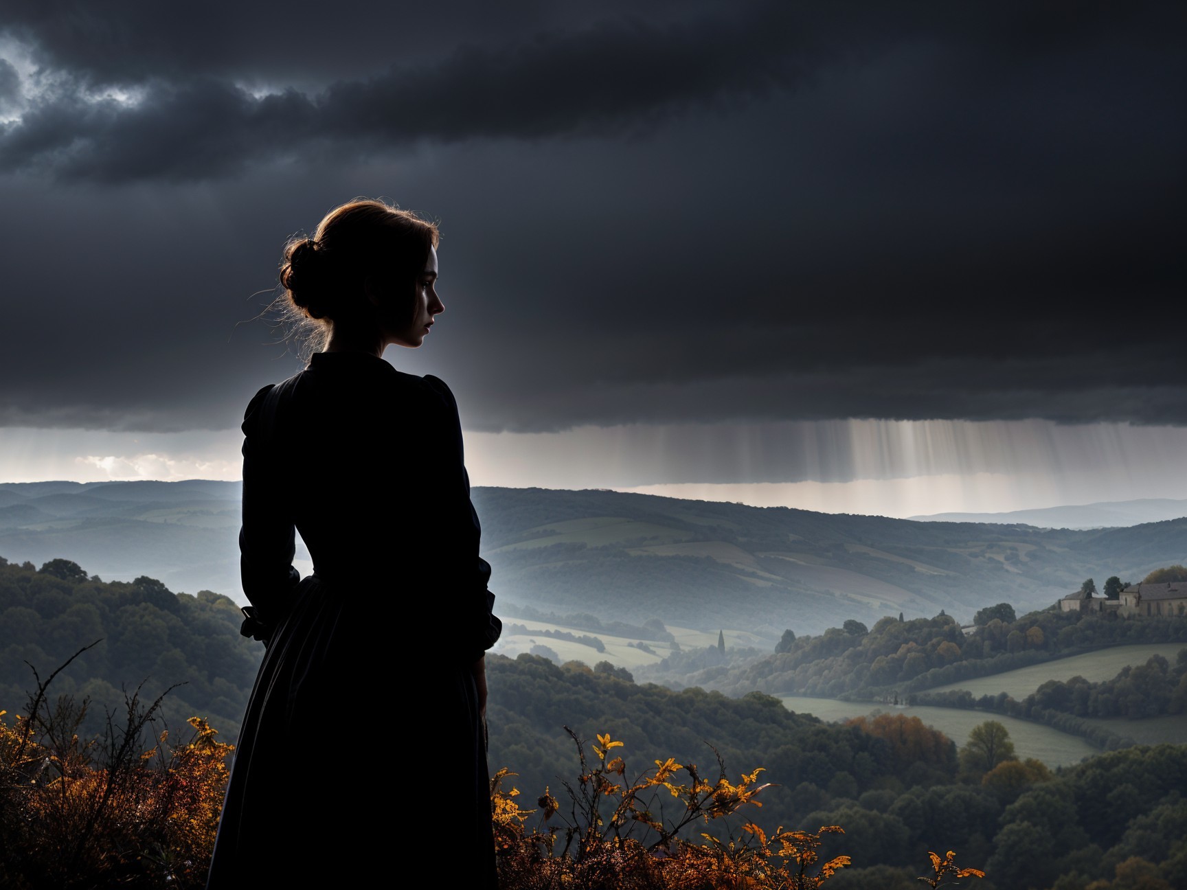 Silhouetted Woman Against Dramatic Sky and Landscape