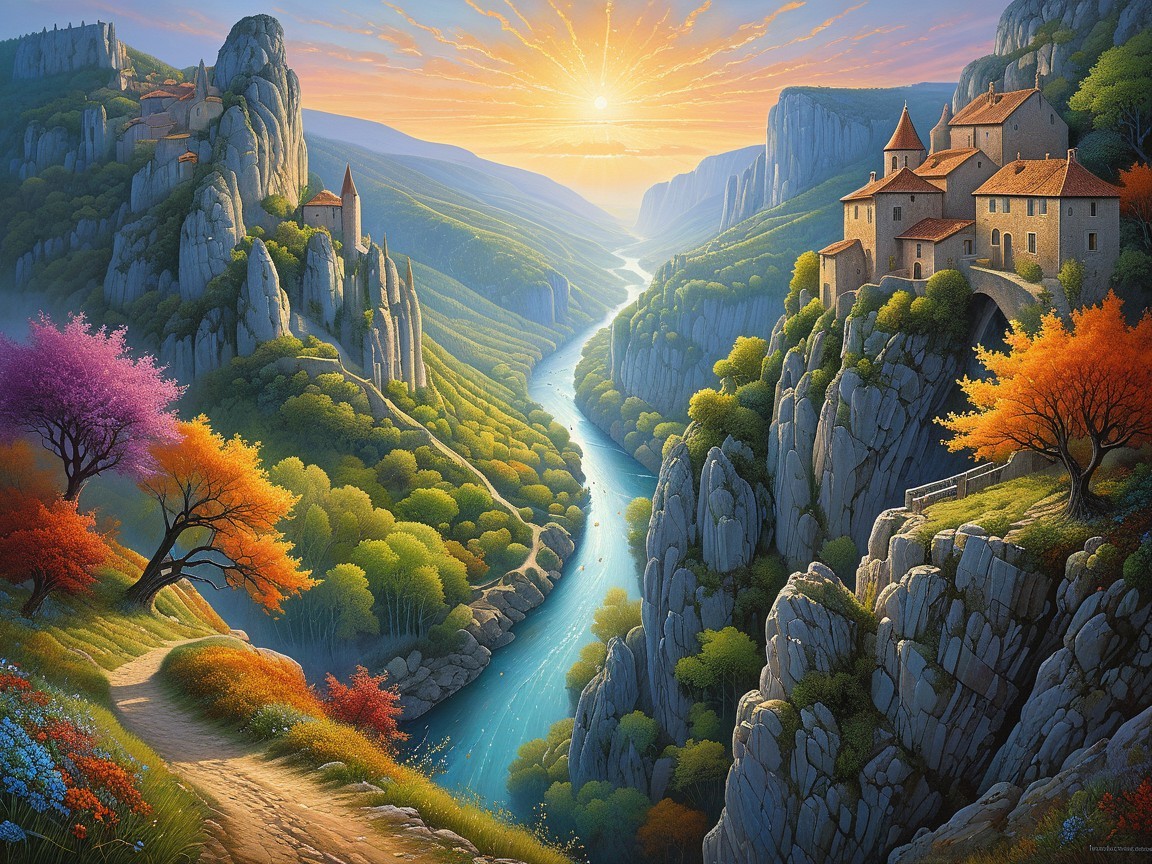 Serene Landscape with Winding River and Cliffs