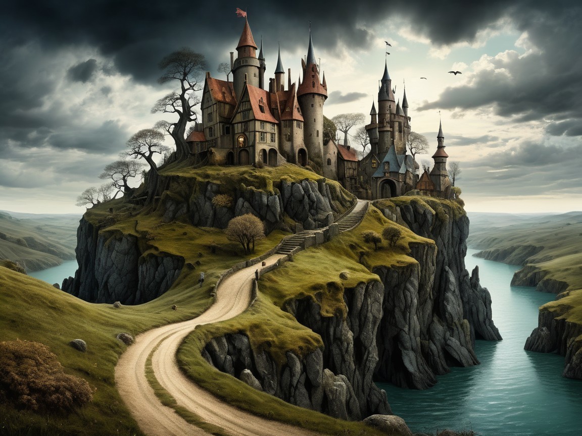 Majestic castle on a cliff with dramatic landscapes