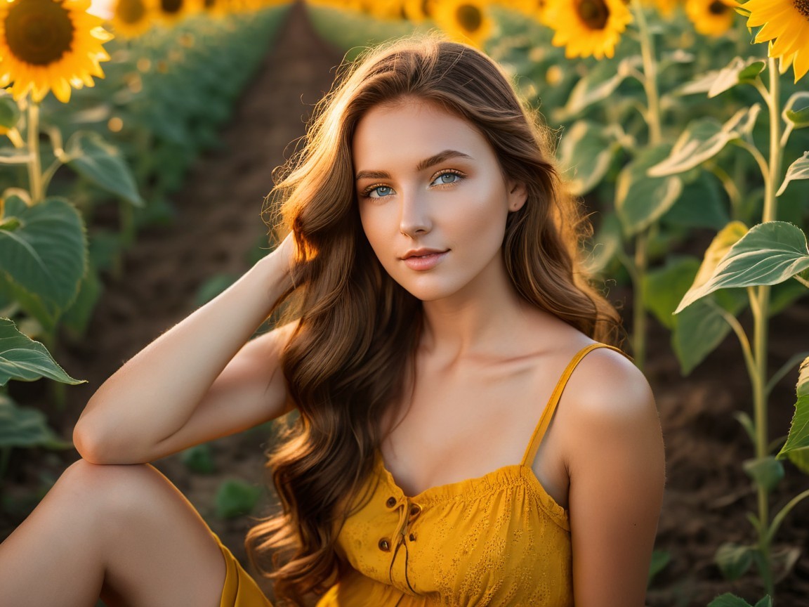 Young Woman in Yellow Dress Among Sunflowers
