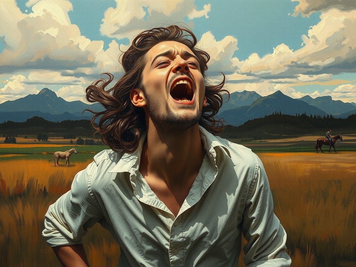 Young man in golden meadow with mountains and horses
