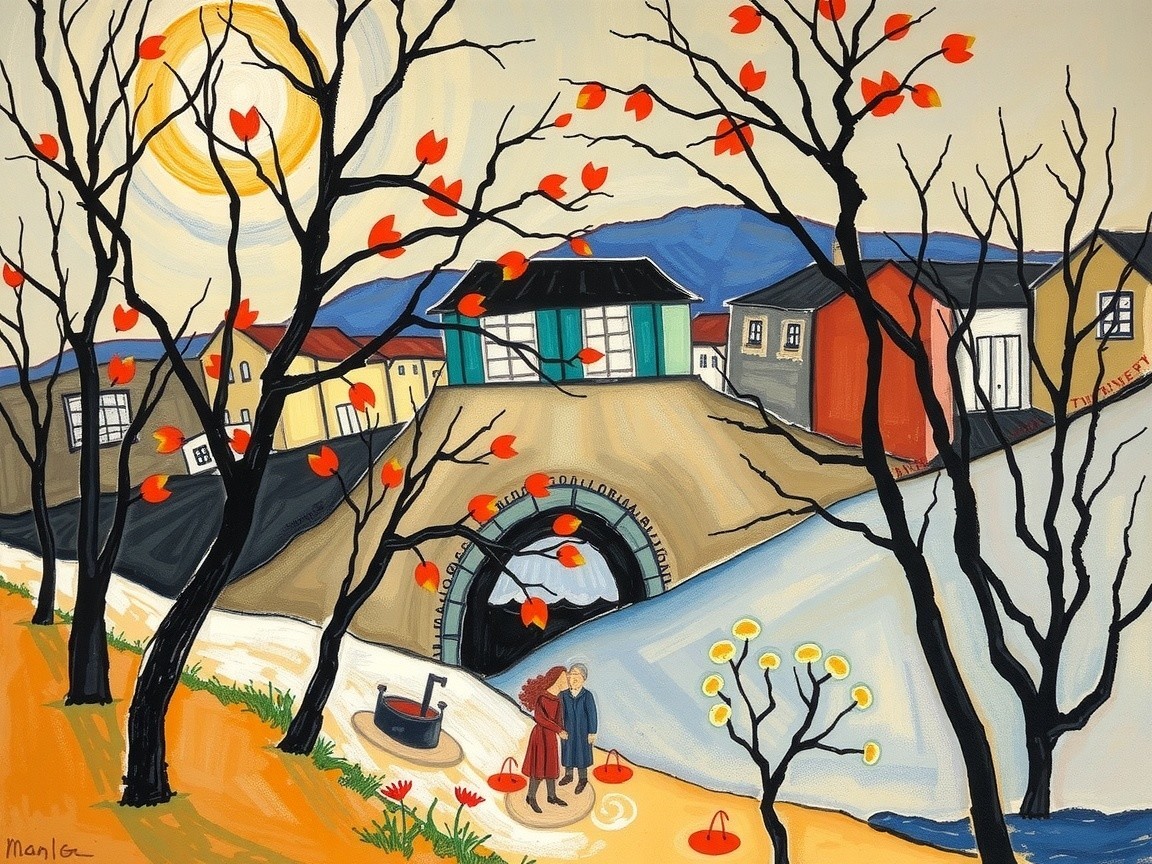 Vibrant Stylized Landscape with River and Colorful Homes